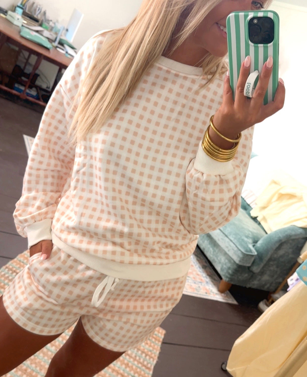 Gingham Crewneck & Shorts Loungewear 2 Piece Set