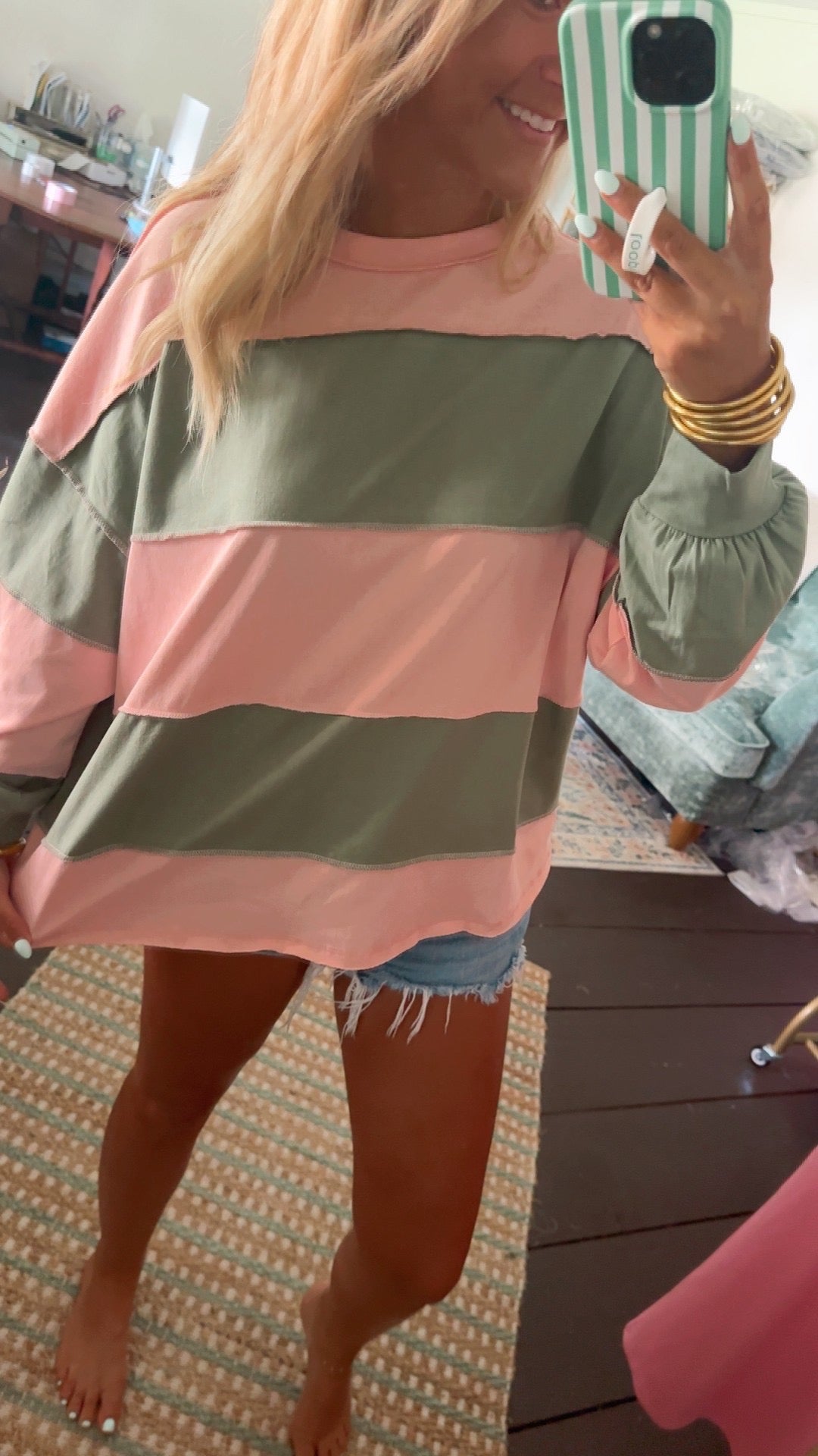 Pink and Green Panel Long Sleeve Slouchy Top