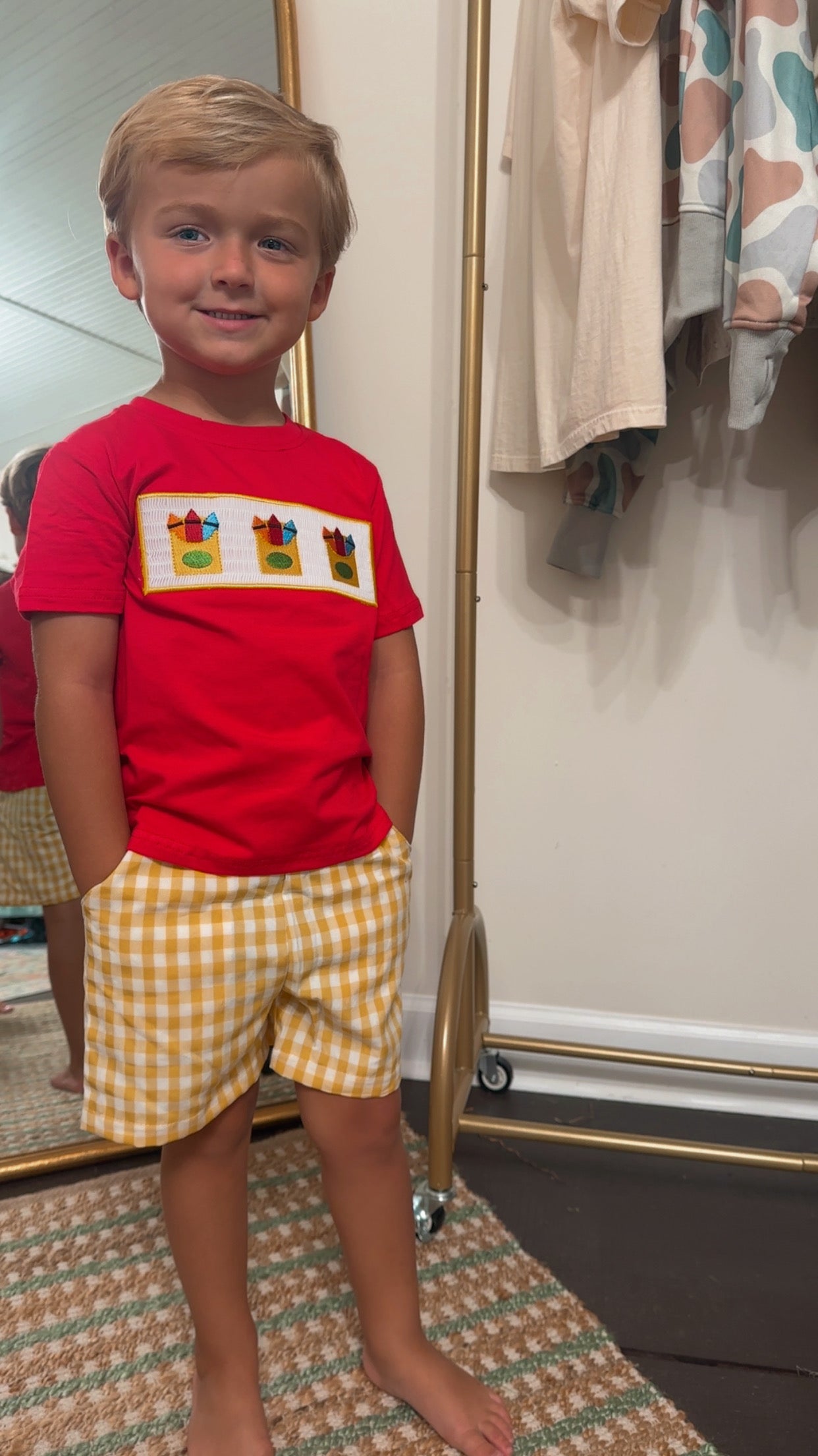 Back to School Crayon Smocked Boys Plaid Shorts Set