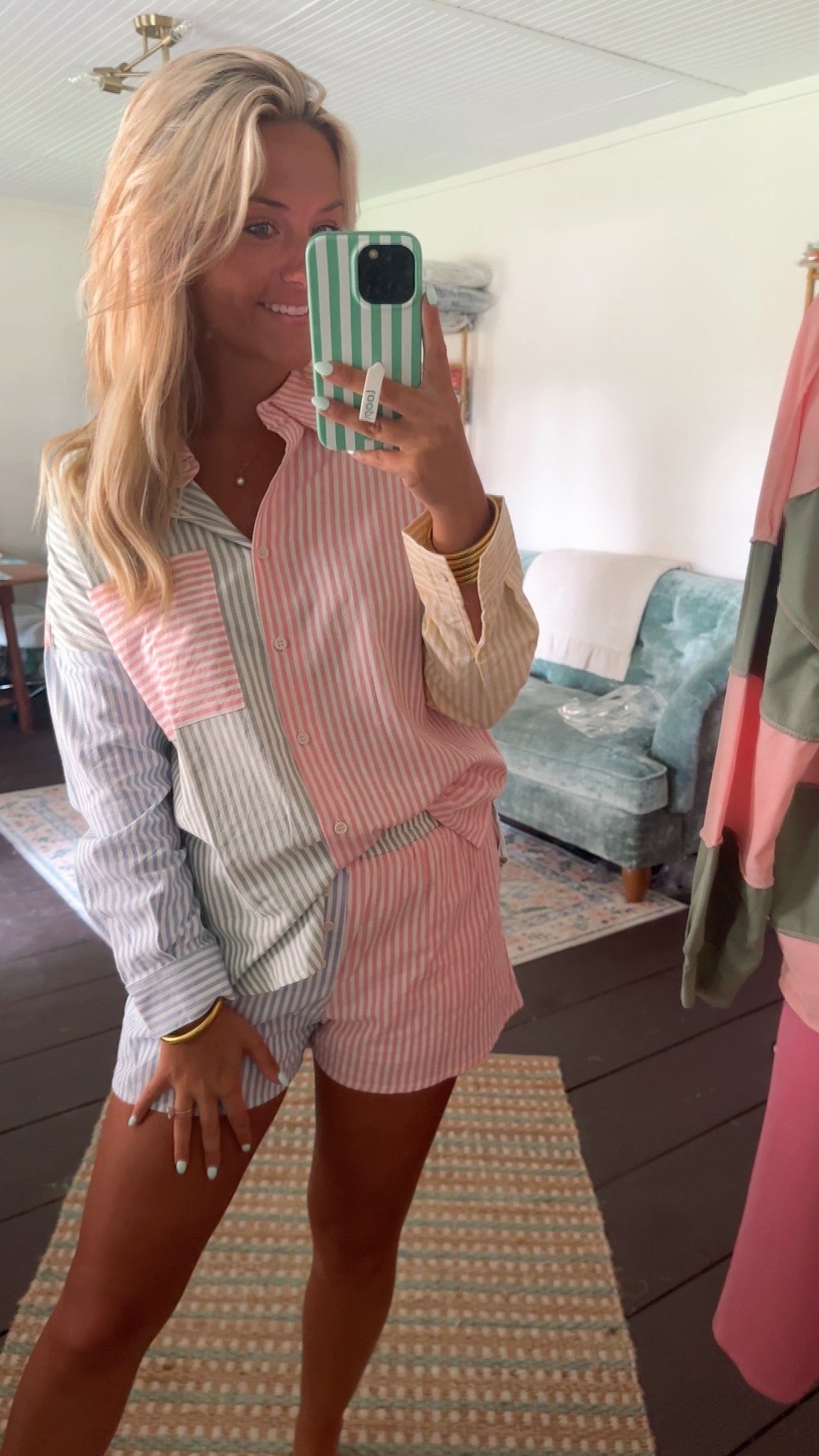 Stripe Color Block Shirt Top & Shorts Set