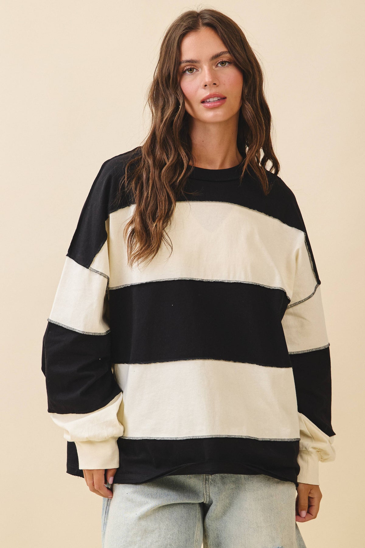 Pink and Green Panel Long Sleeve Slouchy Top