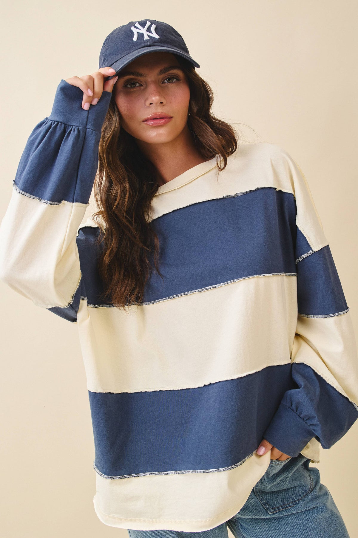 Pink and Green Panel Long Sleeve Slouchy Top