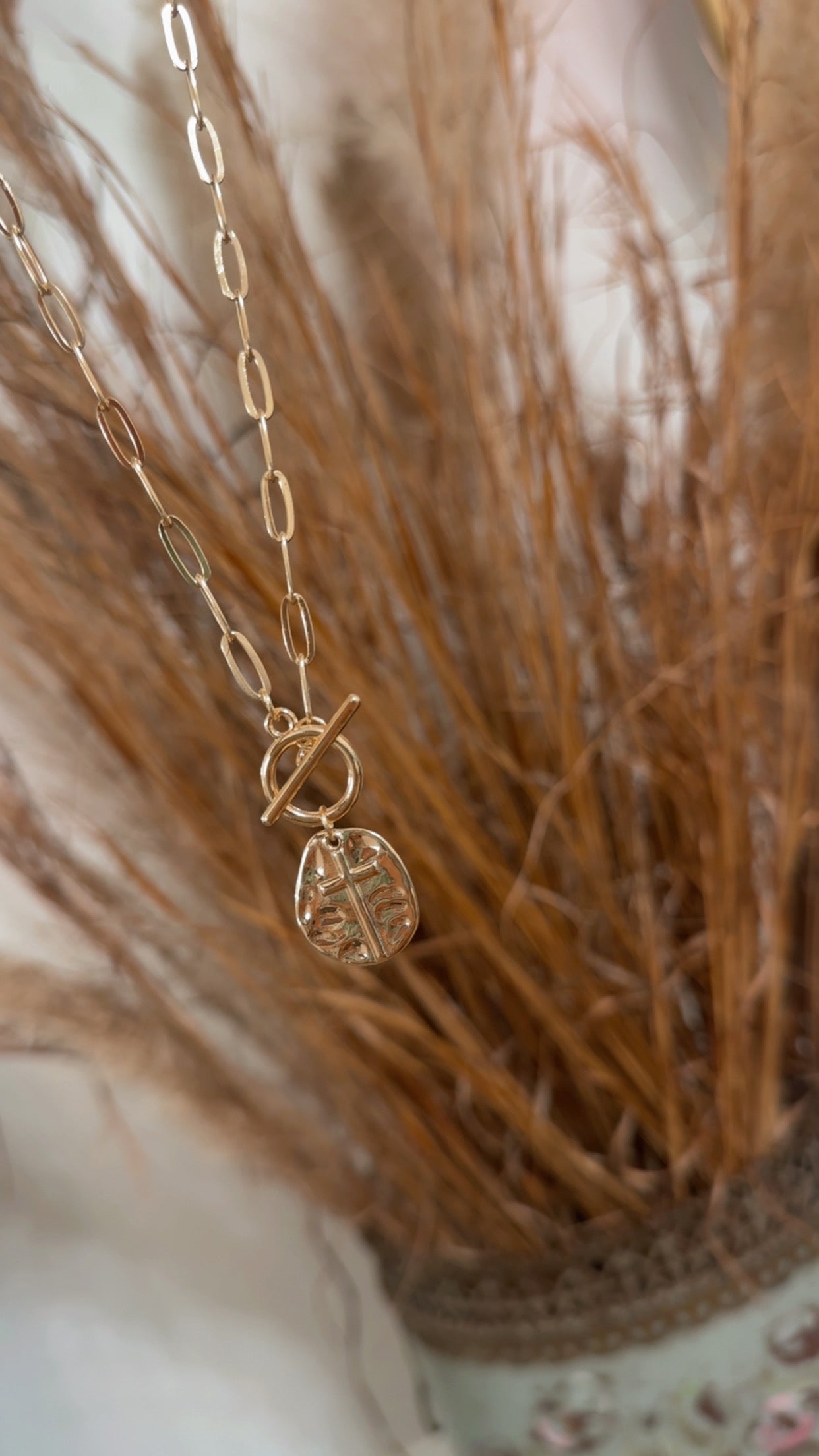 Hammered Cross Paperclip Toggle Necklace