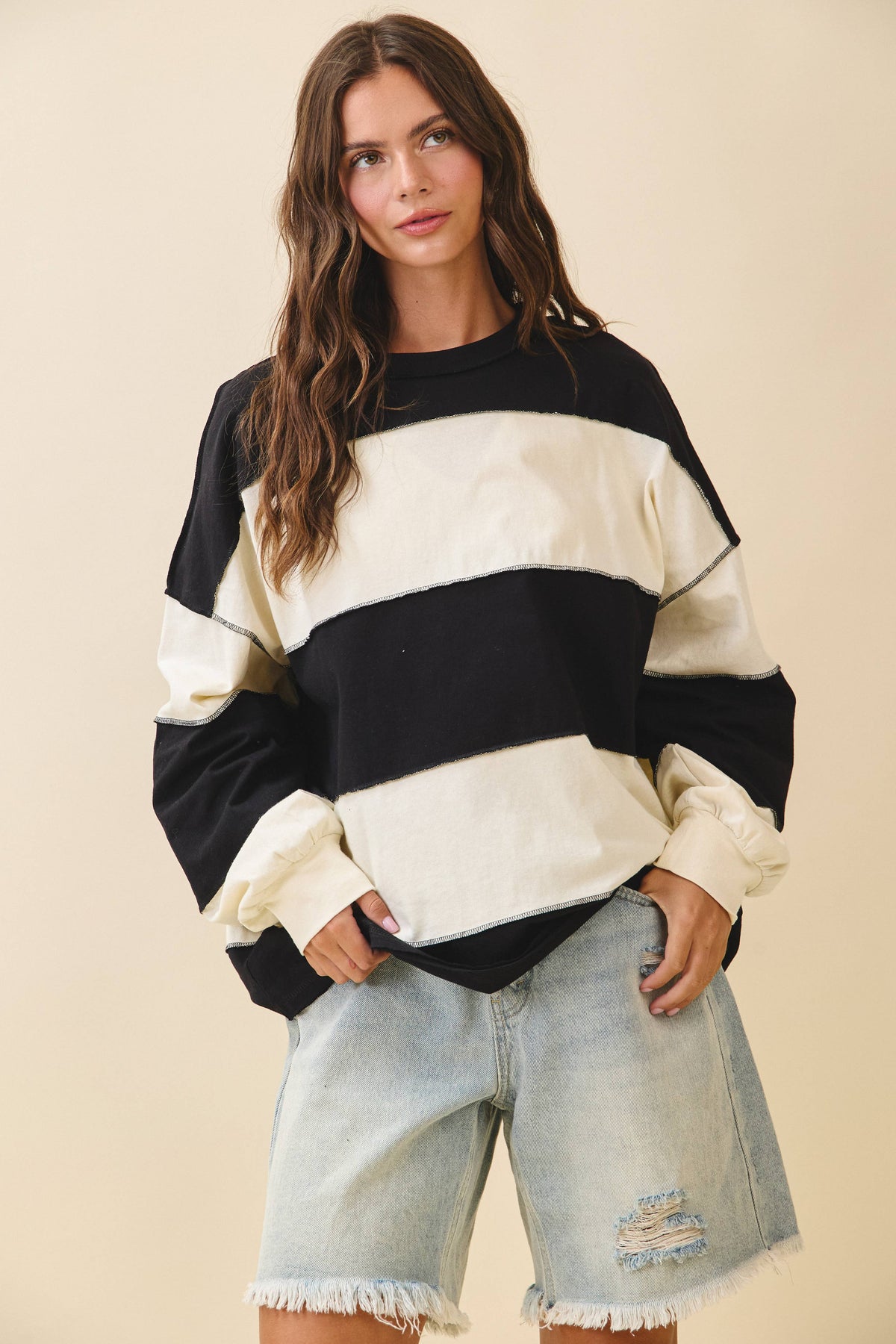 Pink and Green Panel Long Sleeve Slouchy Top