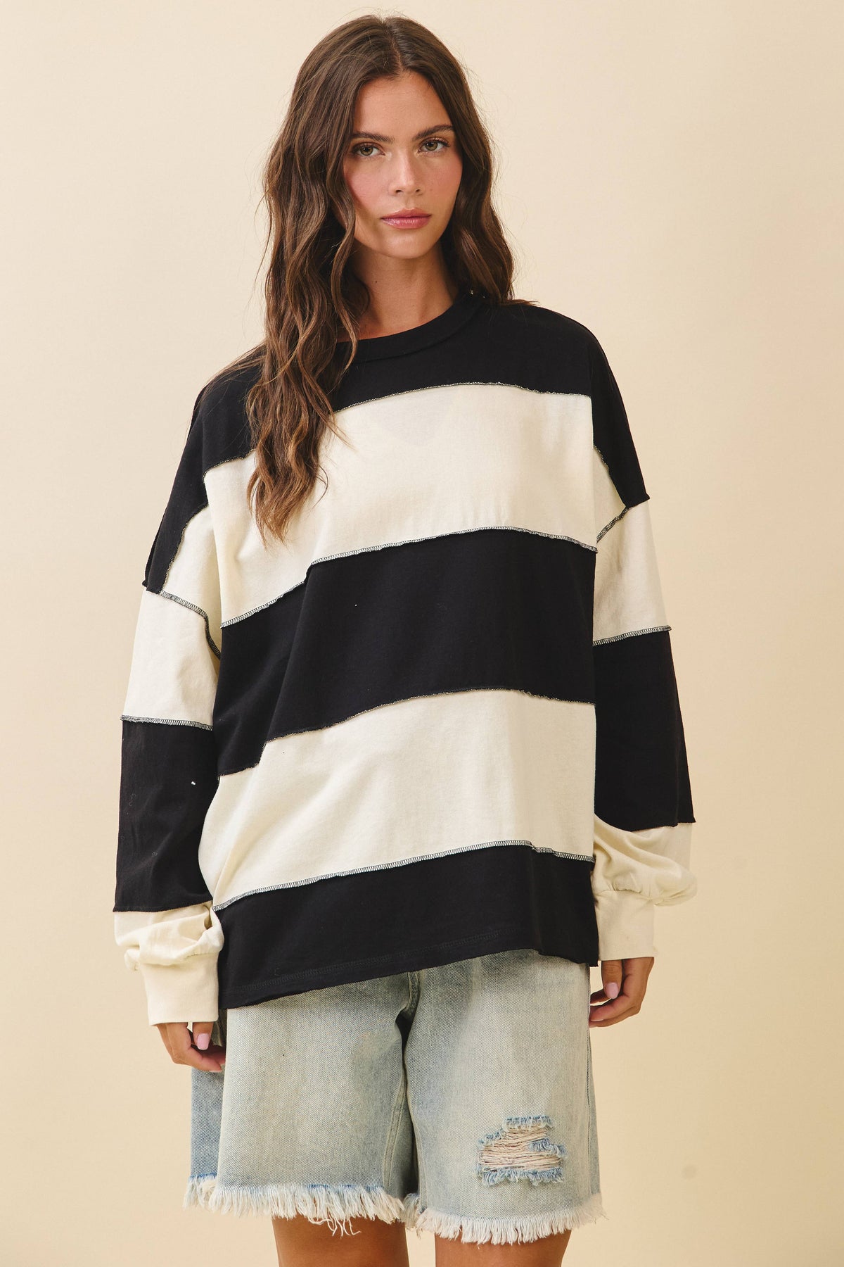 Pink and Green Panel Long Sleeve Slouchy Top