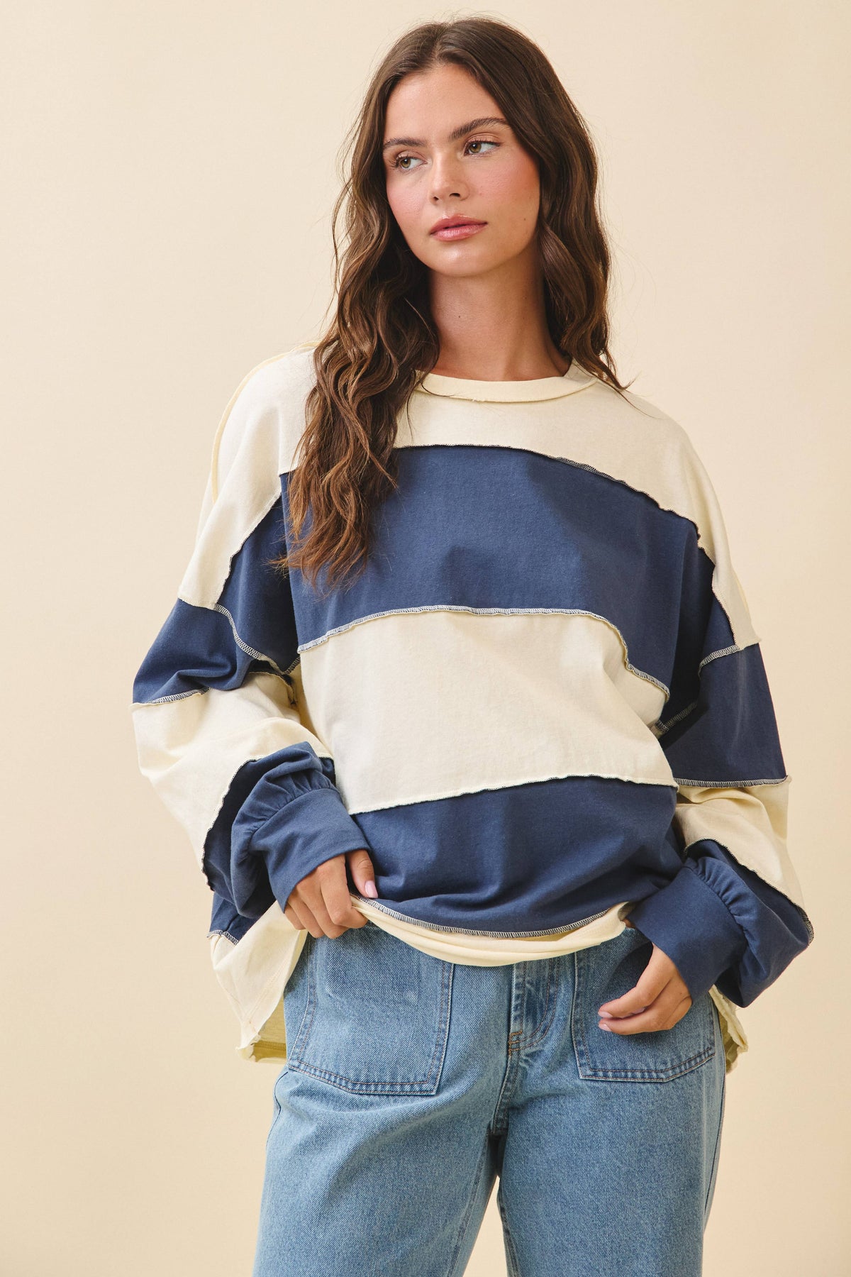 Pink and Green Panel Long Sleeve Slouchy Top
