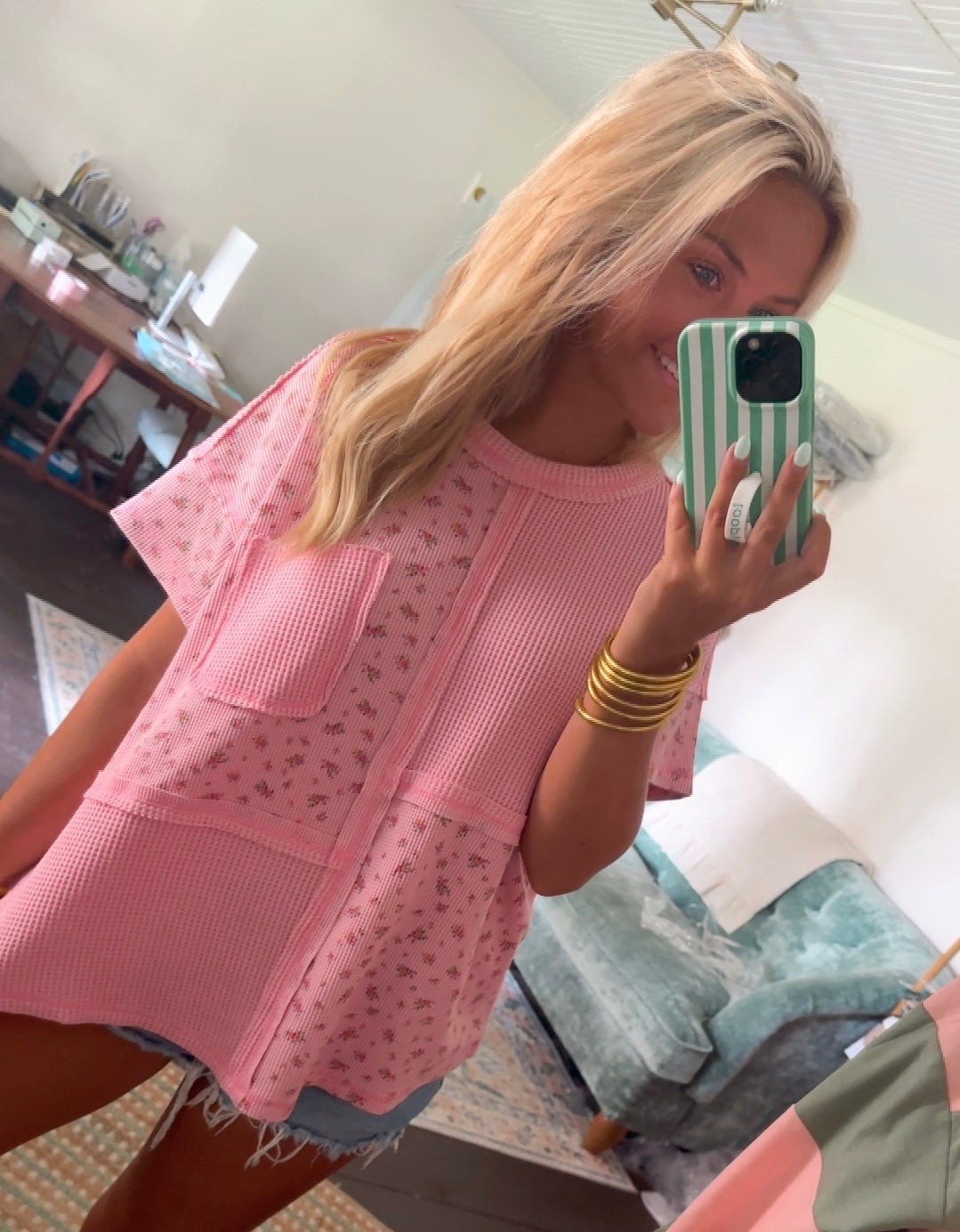 WAFFLE KNIT FLORAL PRINT TOP