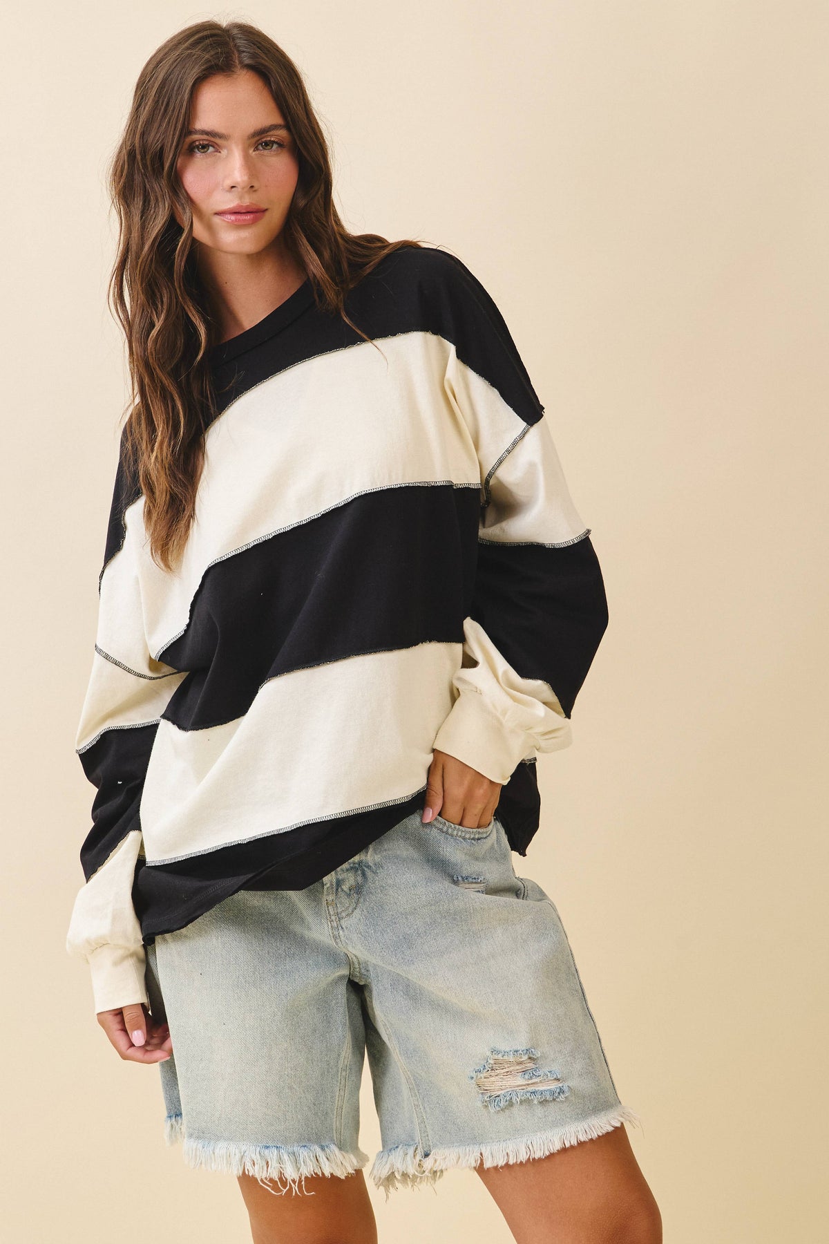 Pink and Green Panel Long Sleeve Slouchy Top