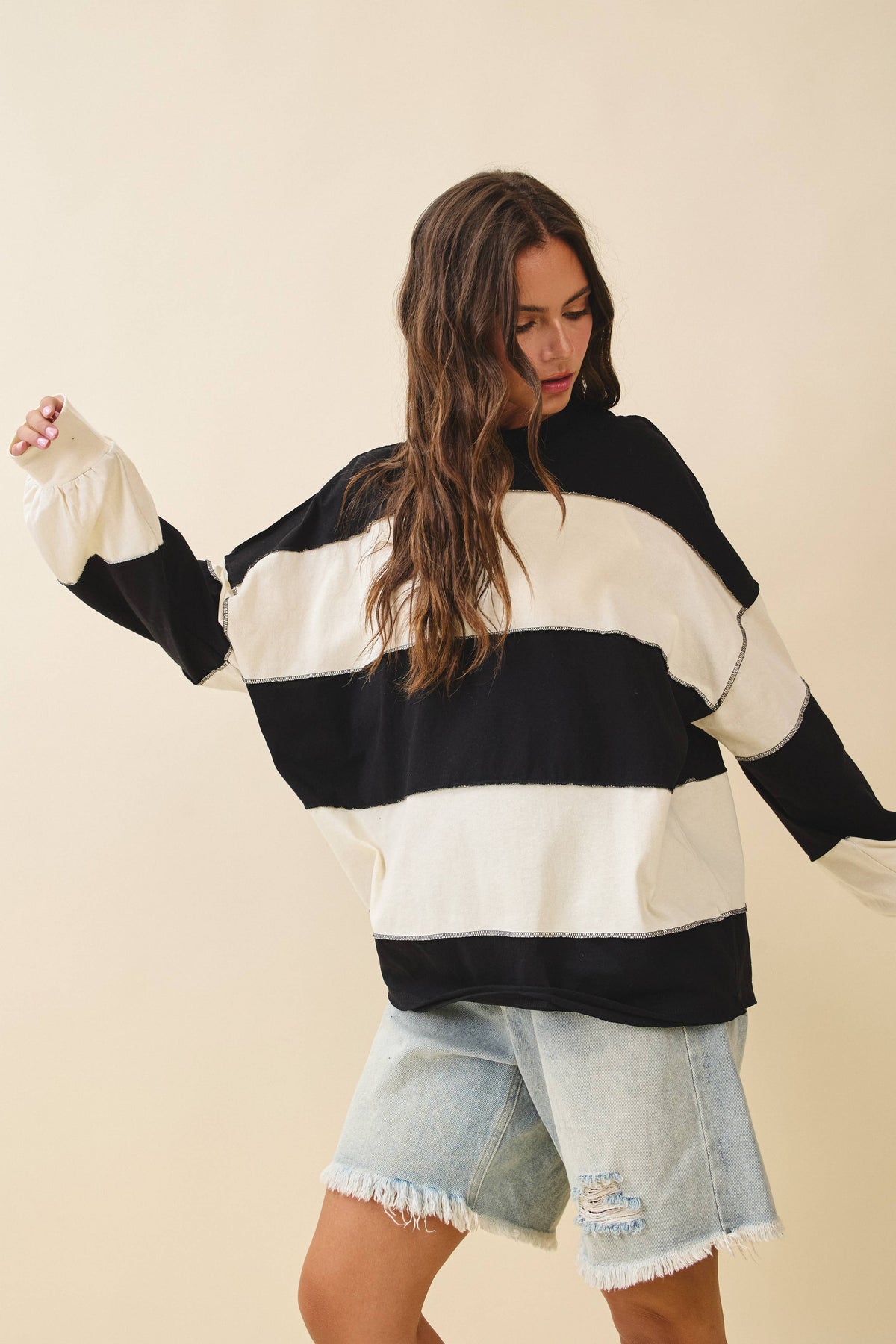Pink and Green Panel Long Sleeve Slouchy Top