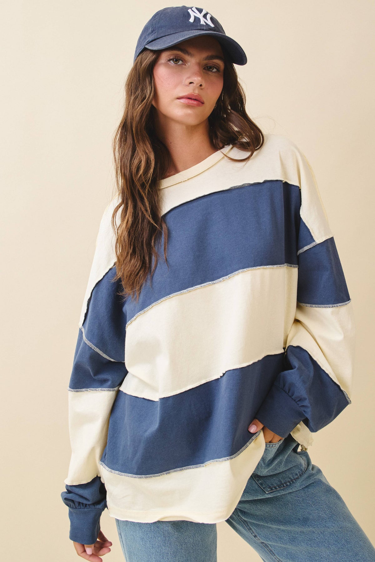 Pink and Green Panel Long Sleeve Slouchy Top