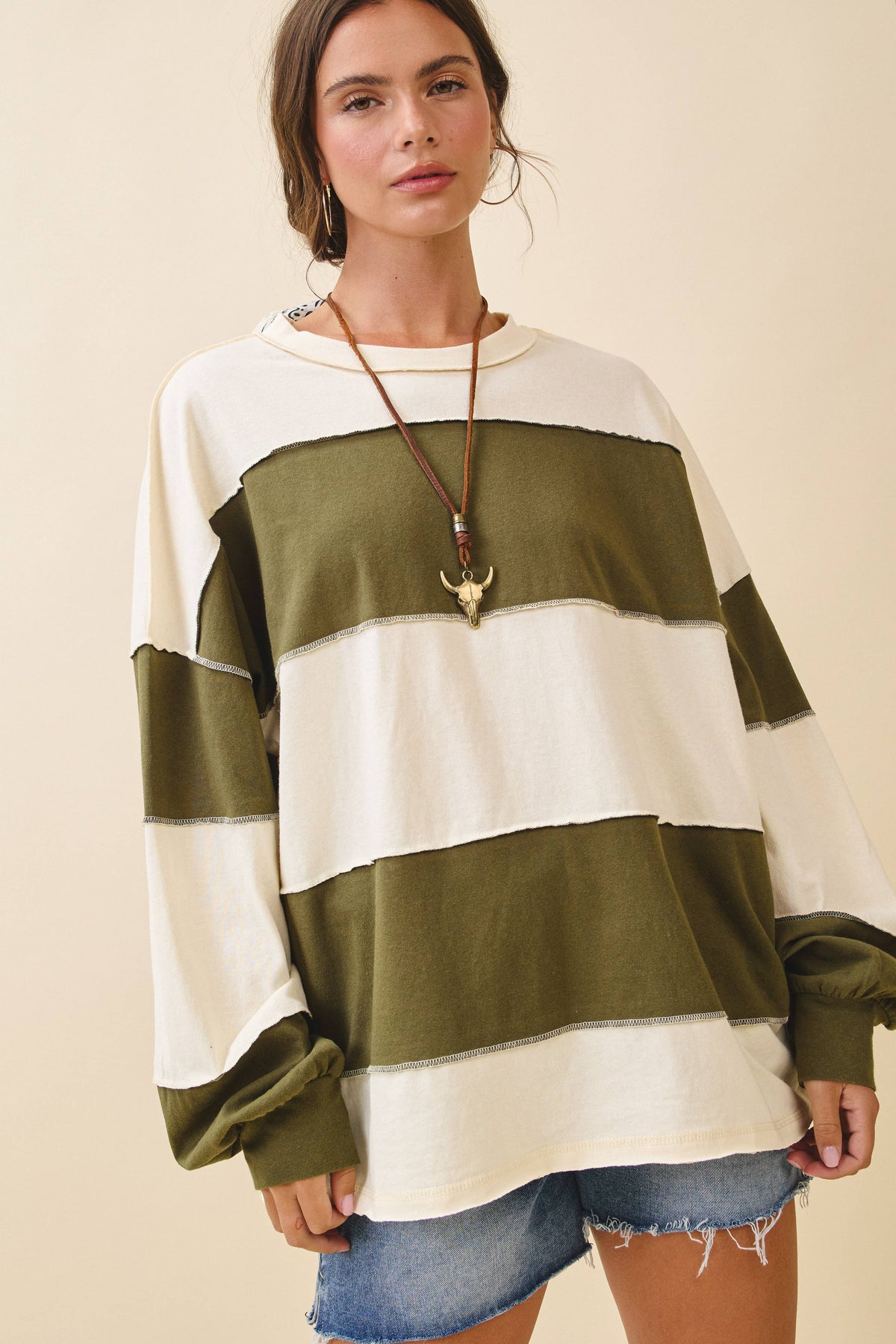 Pink and Green Panel Long Sleeve Slouchy Top