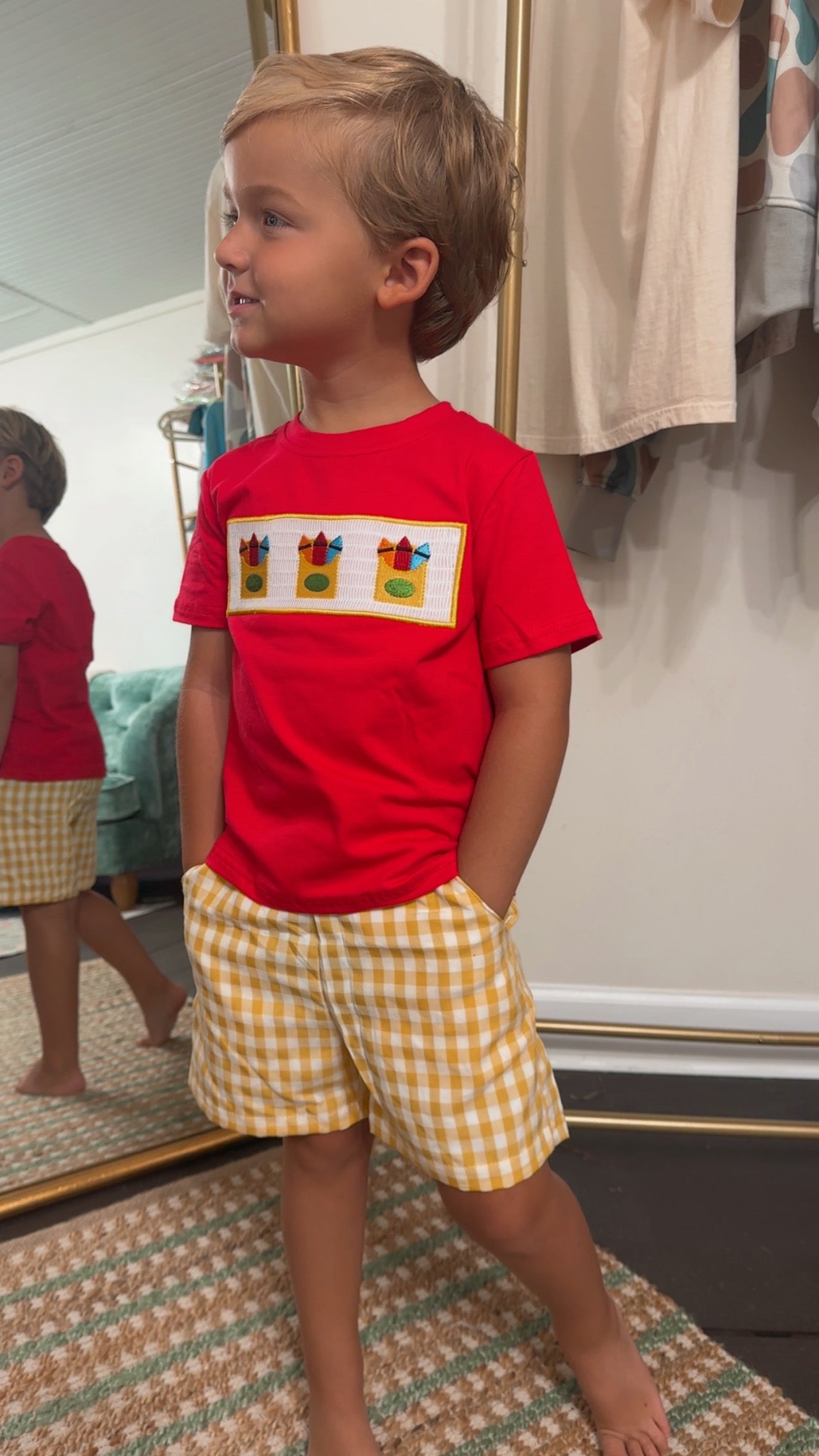Back to School Crayon Smocked Boys Plaid Shorts Set