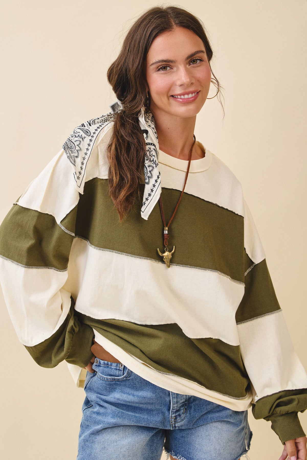 Pink and Green Panel Long Sleeve Slouchy Top