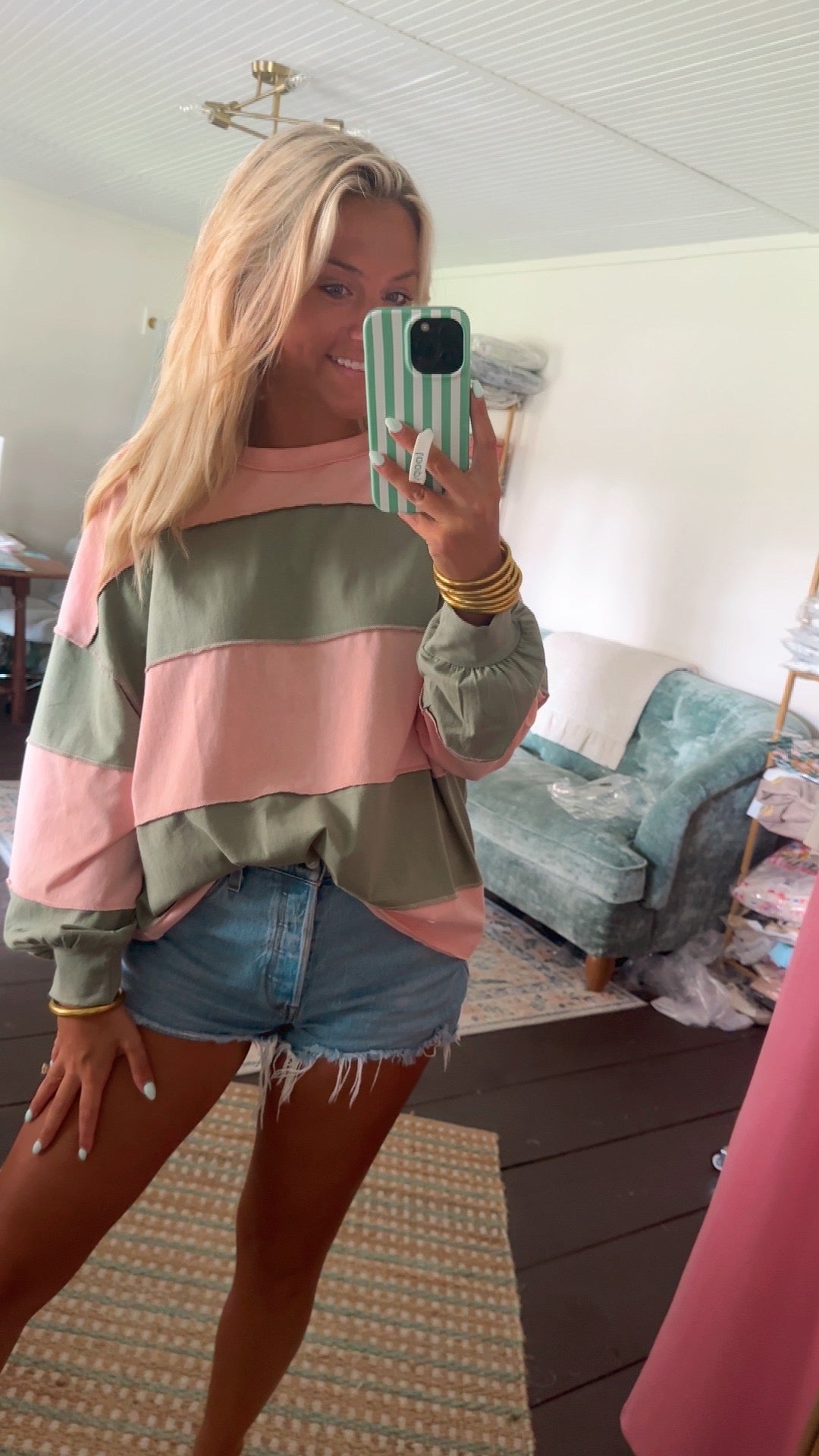 Pink and Green Panel Long Sleeve Slouchy Top