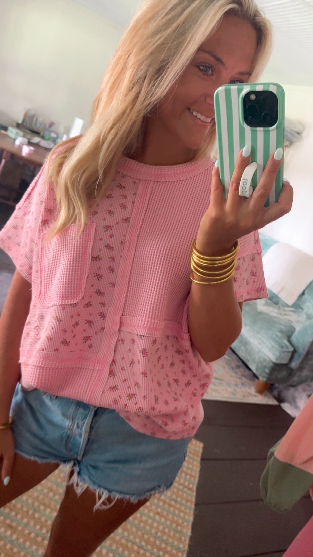 WAFFLE KNIT FLORAL PRINT TOP