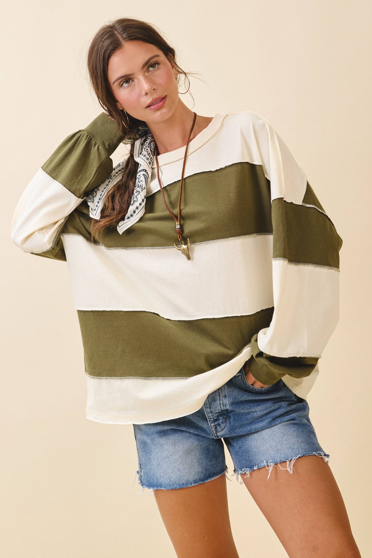 Pink and Green Panel Long Sleeve Slouchy Top