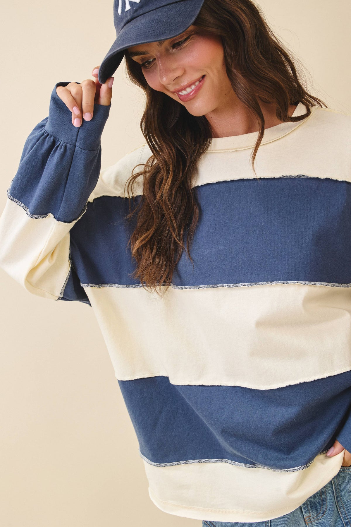 Pink and Green Panel Long Sleeve Slouchy Top