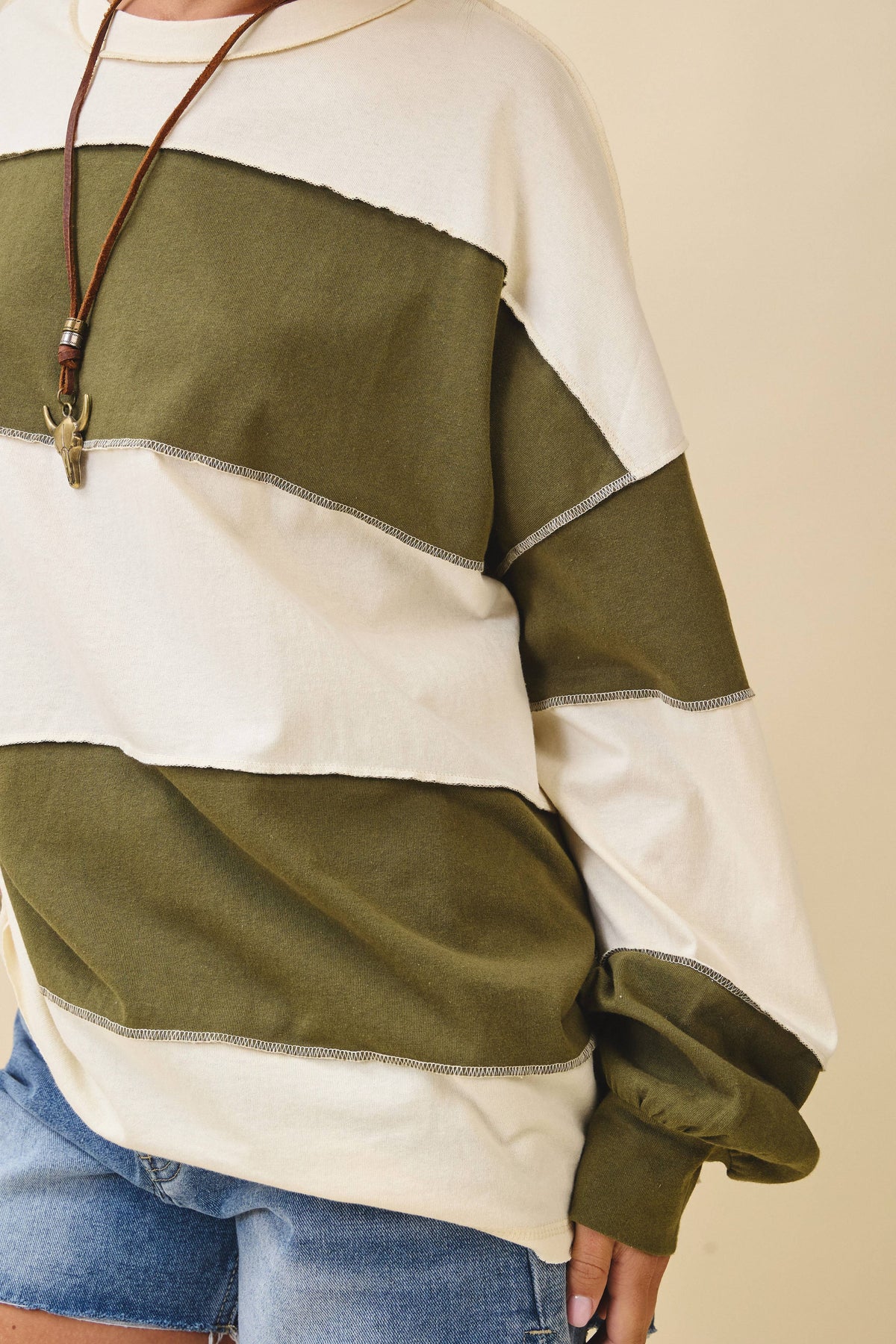 Pink and Green Panel Long Sleeve Slouchy Top