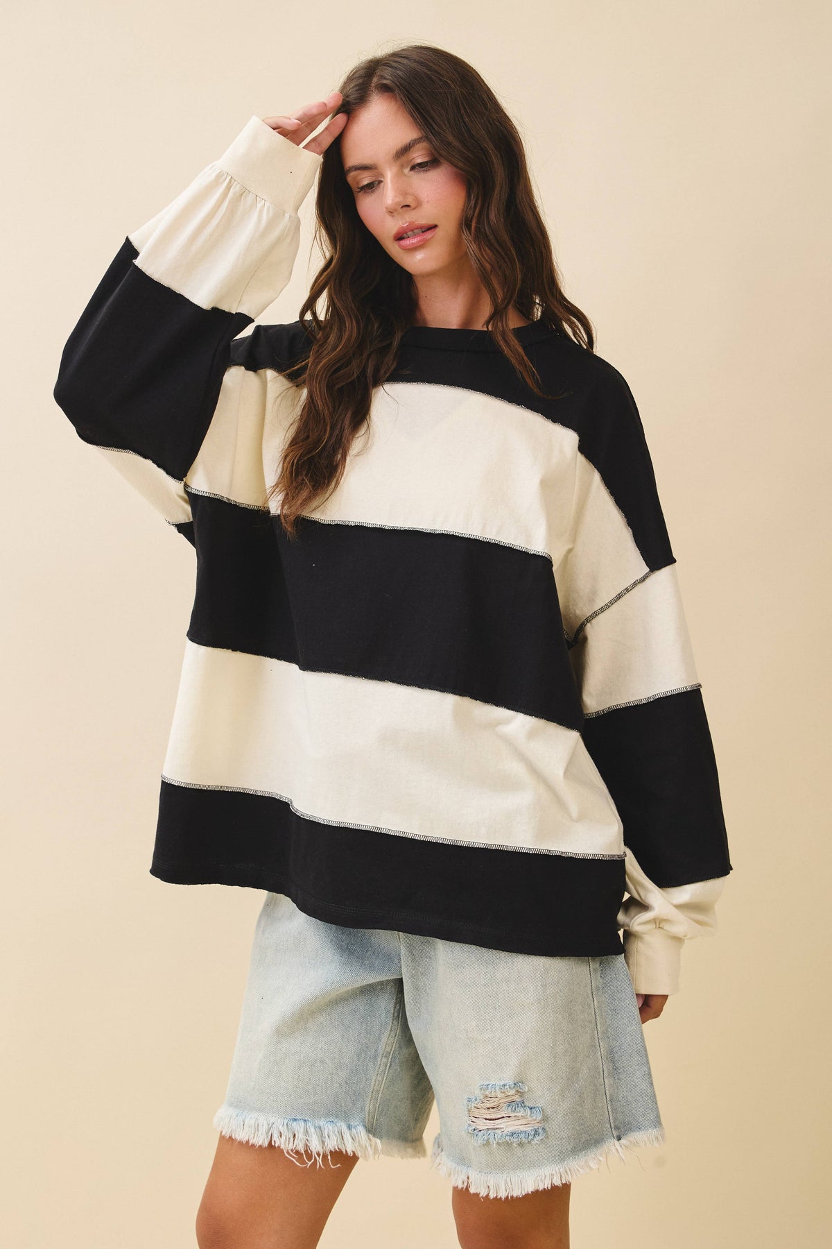 Pink and Green Panel Long Sleeve Slouchy Top