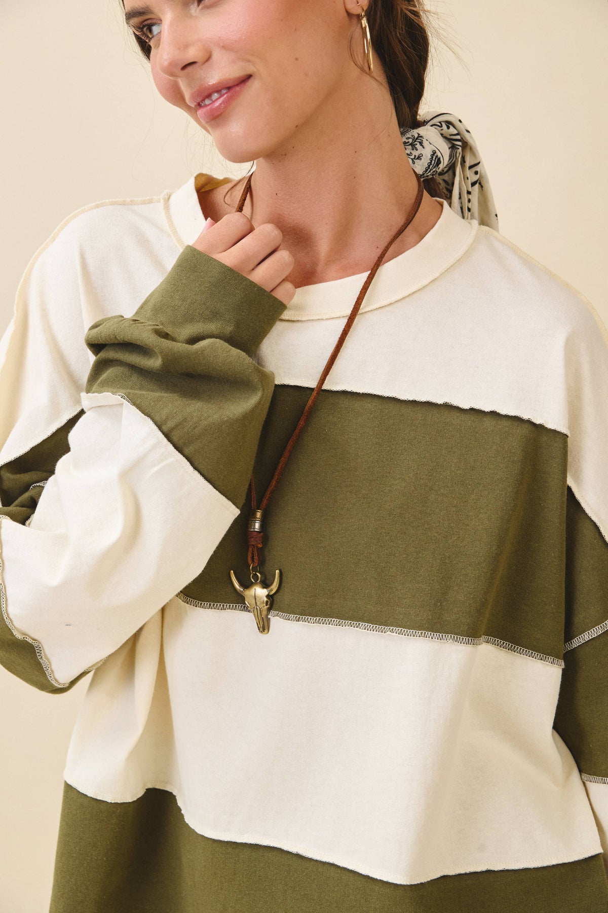 Pink and Green Panel Long Sleeve Slouchy Top