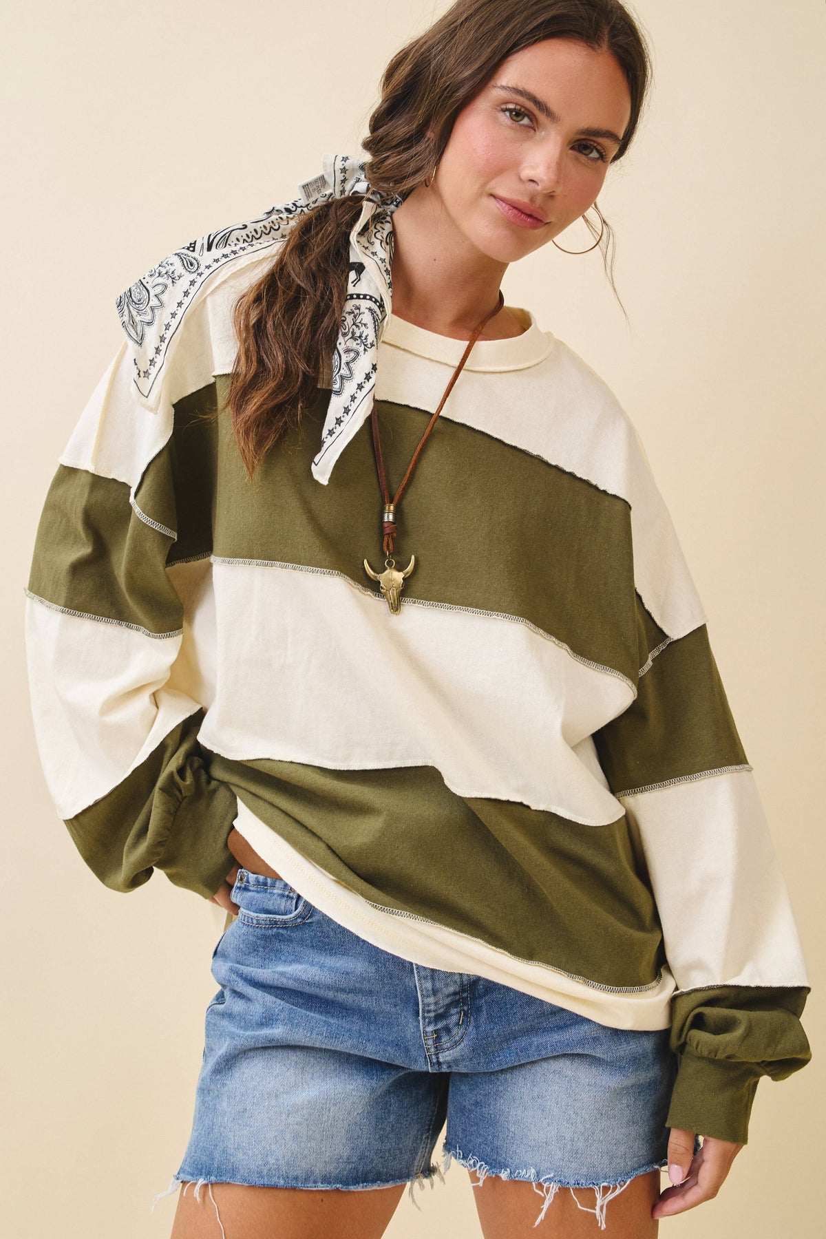 Pink and Green Panel Long Sleeve Slouchy Top
