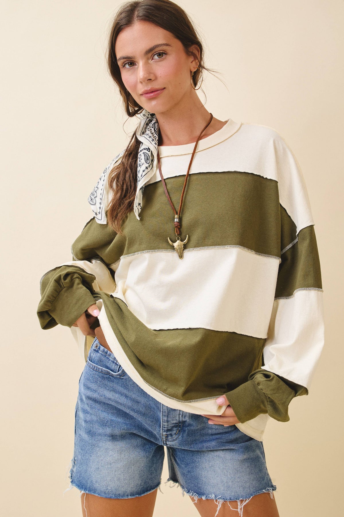 Pink and Green Panel Long Sleeve Slouchy Top