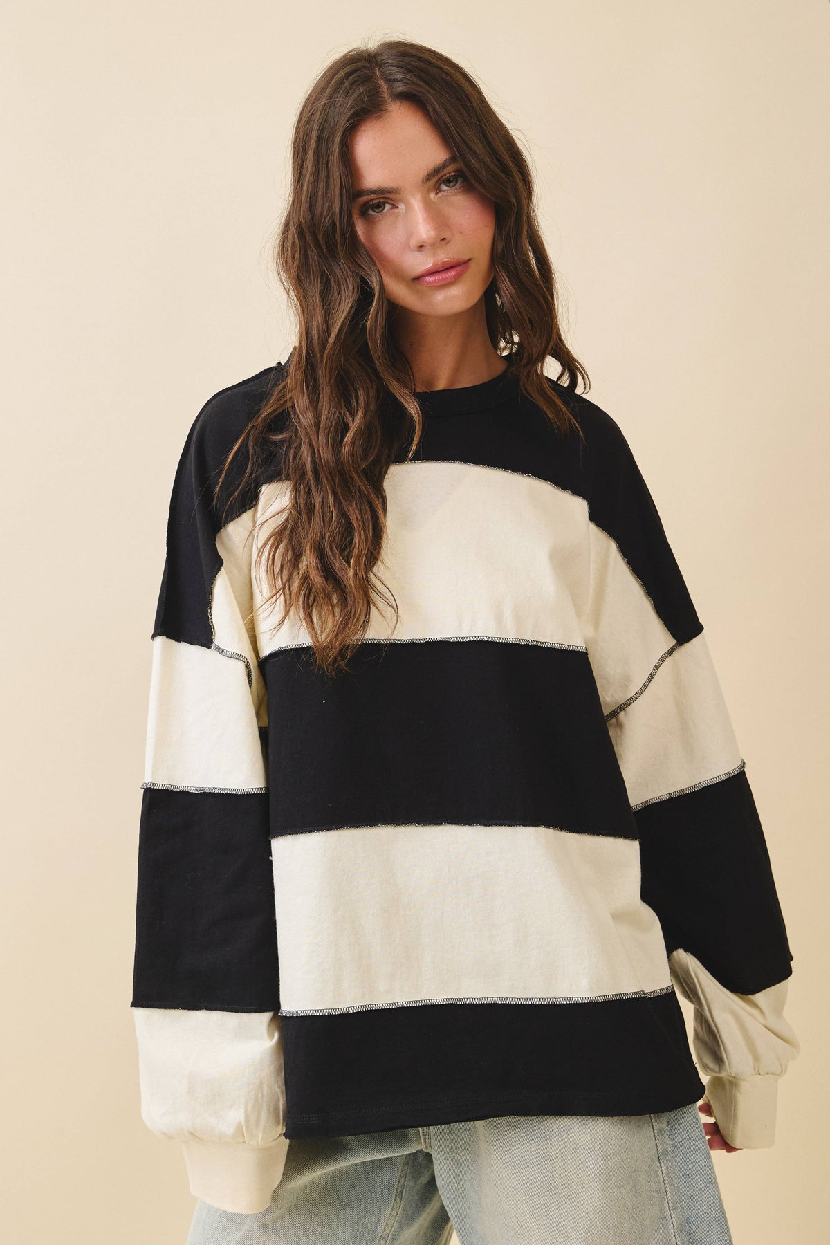 Pink and Green Panel Long Sleeve Slouchy Top