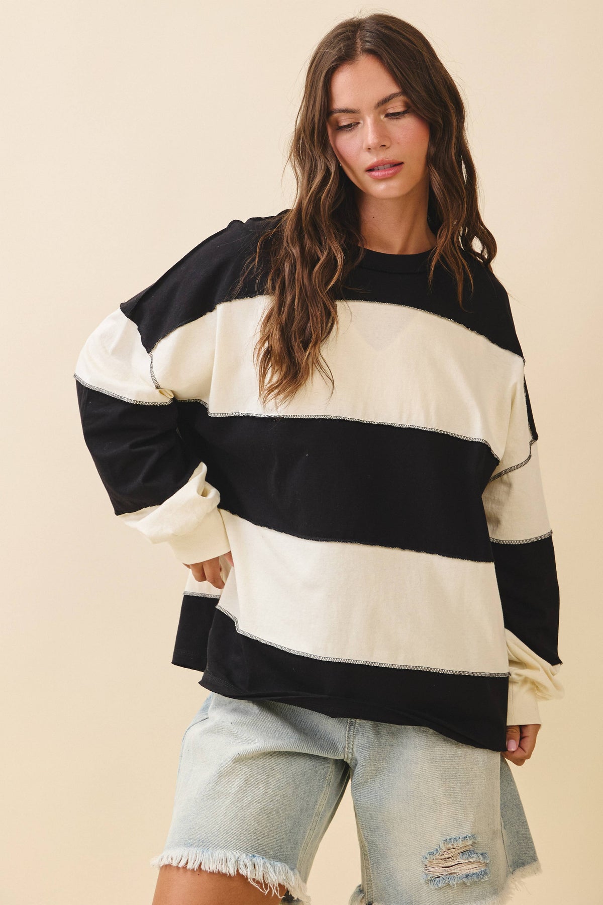 Pink and Green Panel Long Sleeve Slouchy Top