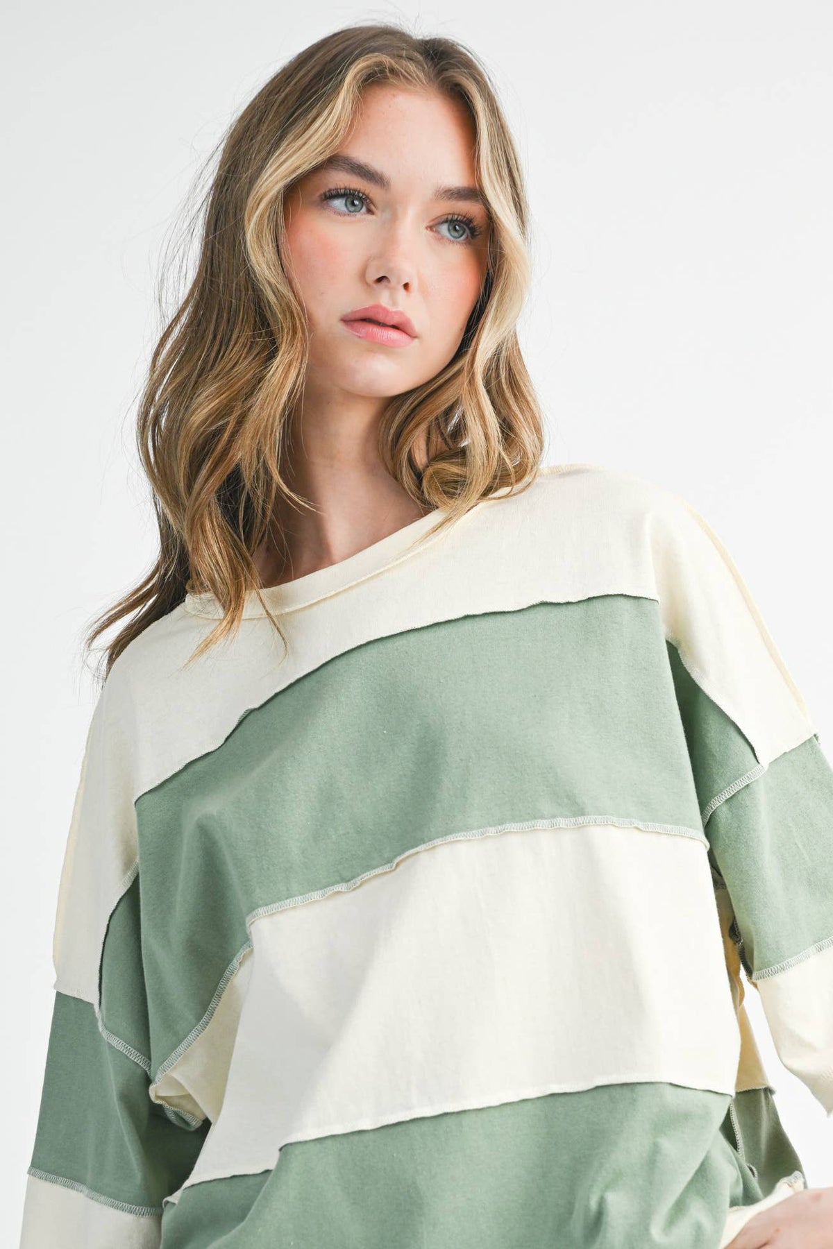Pink and Green Panel Long Sleeve Slouchy Top