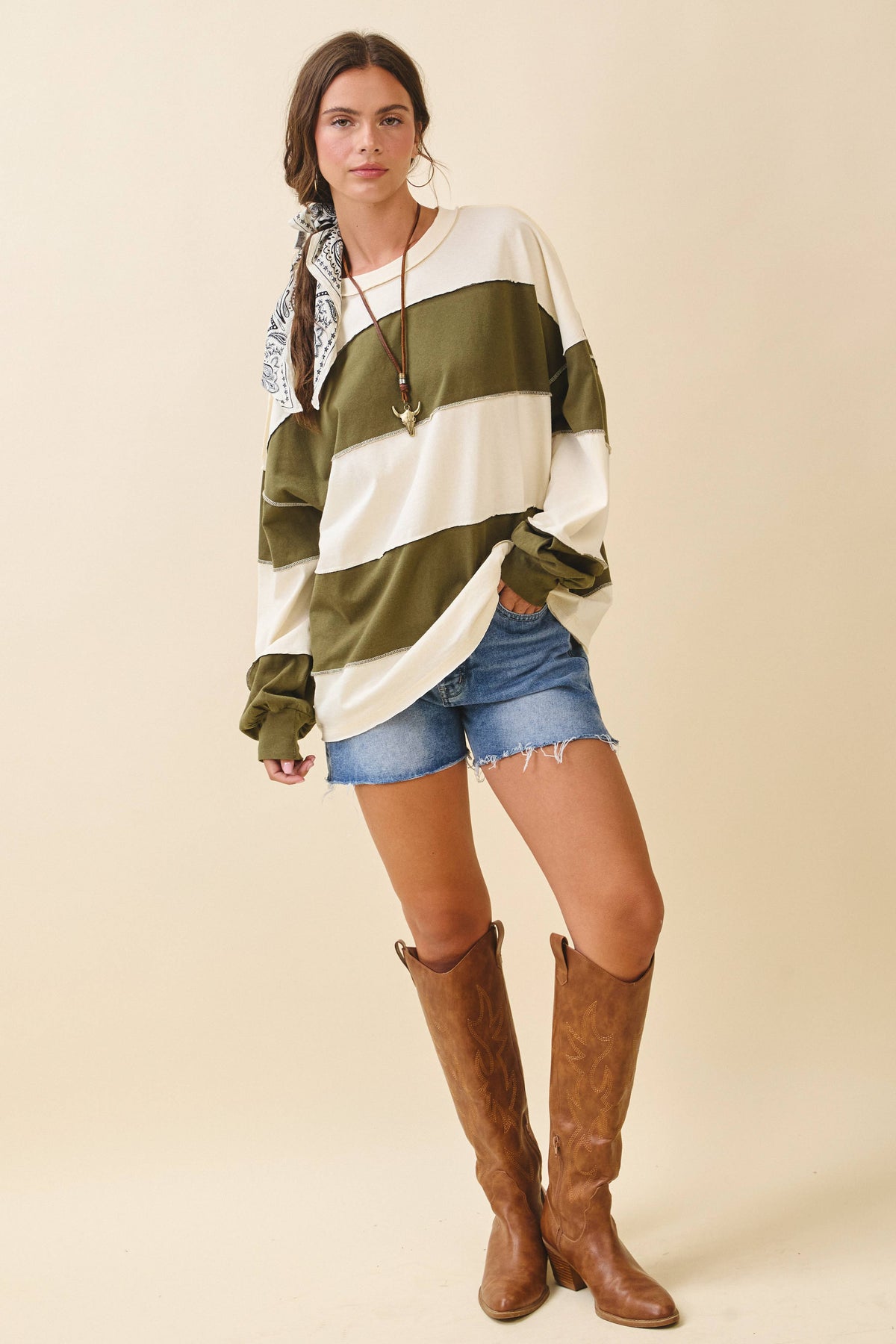 Pink and Green Panel Long Sleeve Slouchy Top