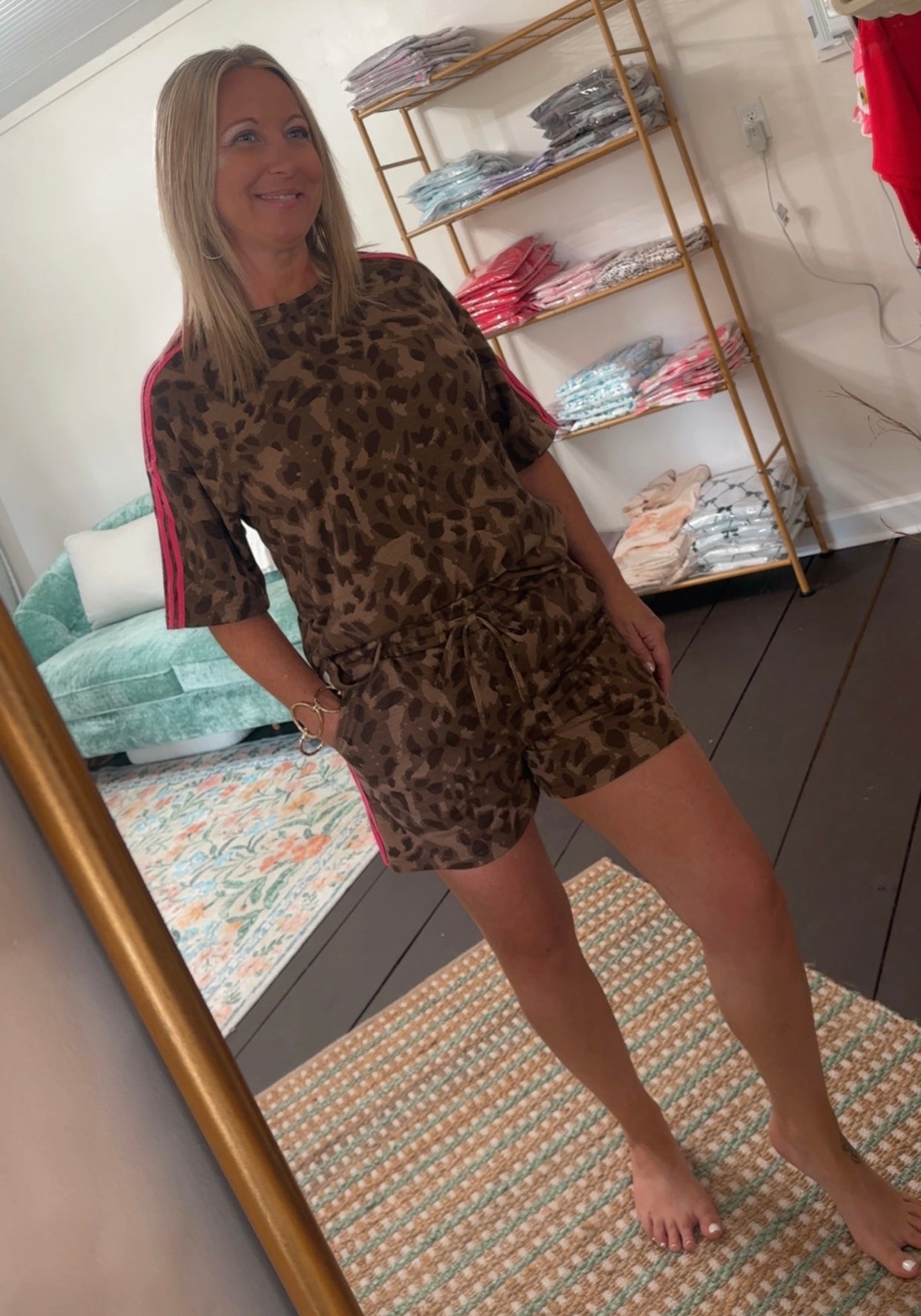 Leopard Print Shorts Set With Pink Stripes