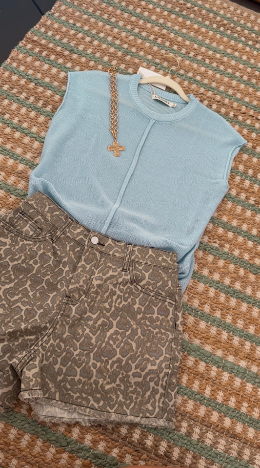 Leopard Print Denim Shorts